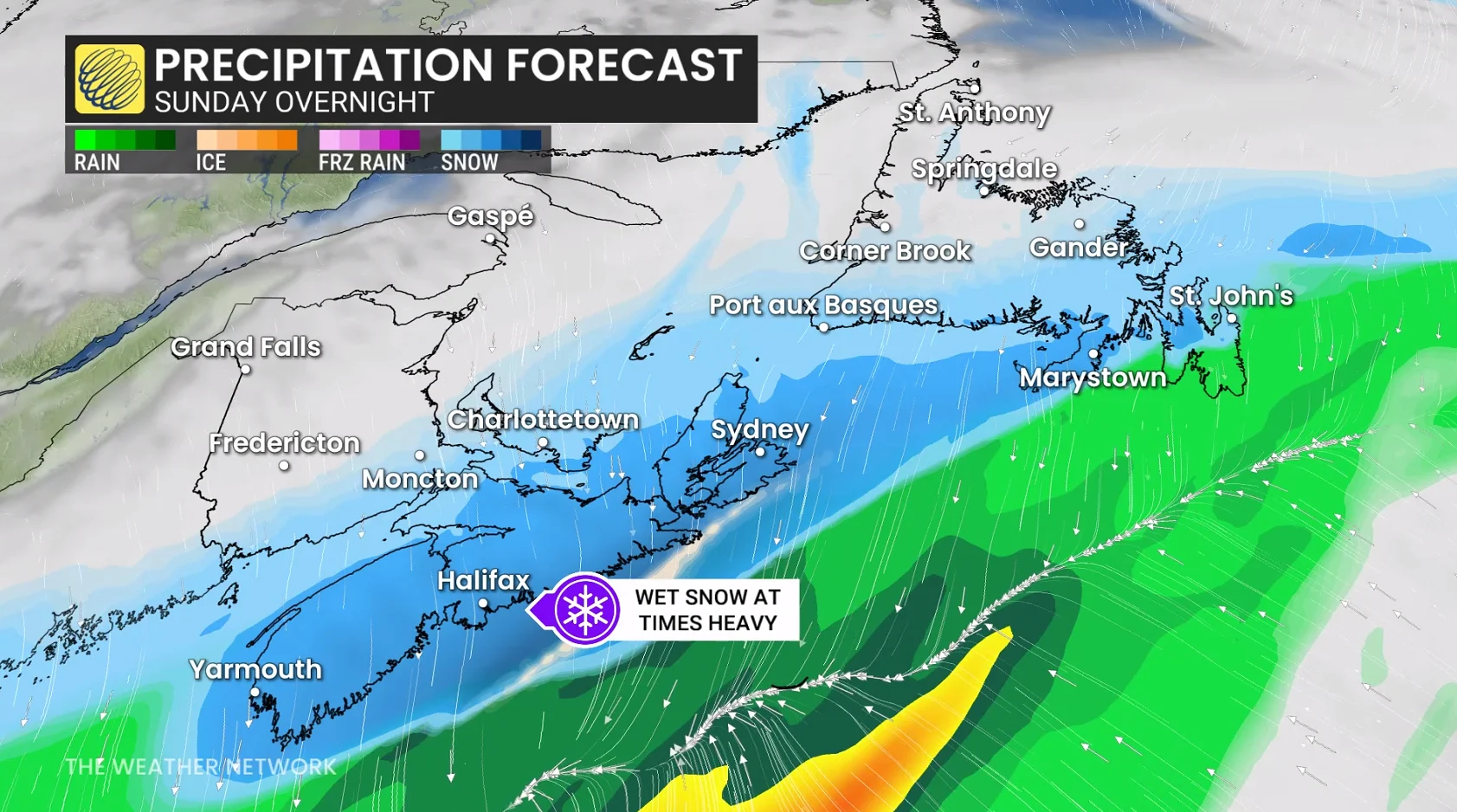 Atlantic Canada precipitation forecast Sunday overnight