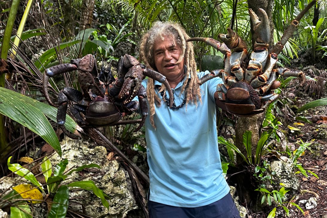 Tony Aholima from A5 Tours holds up coconut crabs.