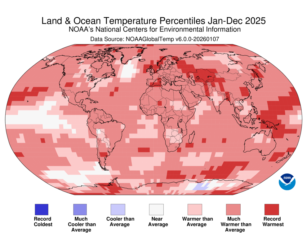 Map of the world showing land/ocean temperature departure from average for January–December 2025 with warmer areas in gradients of red and cooler areas in gradients of blue.