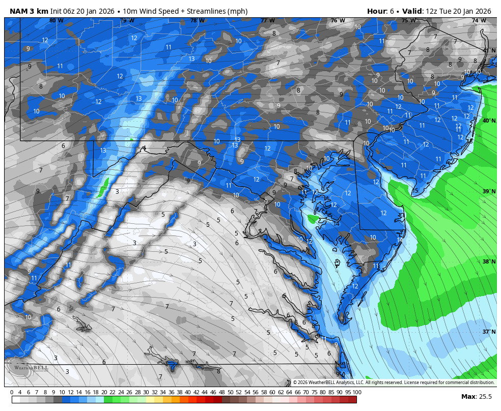 January 20 weather forecast wind Tuesday