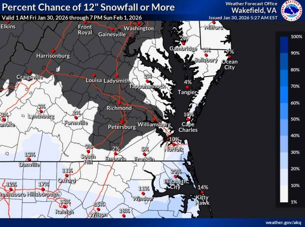 Chances of 12 inches or more of snow, as of Friday morning, Jan. 30, 2026. (National Weather Service)