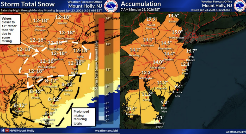A National Weather Service forecast map shows the Philadelphia region is anticipating heavy snowfall this weekend