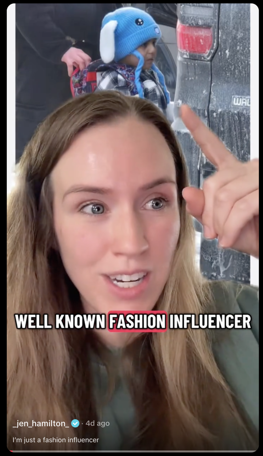In a video that <em>did</em> make it through TikTok’s uploading process, Jen Hamilton calls herself a “fashion influencer” and speaks in code about her trouble uploading an earlier video about 5-year-old Liam Conejo Ramos.