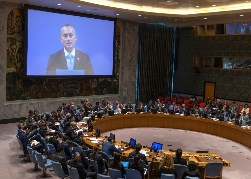 Nickolay Mladenov speaks via video-link during a UN Security Council meeting on the Israeli-Palestinian conflict in July 2018, at the UN headquarters in New York.
