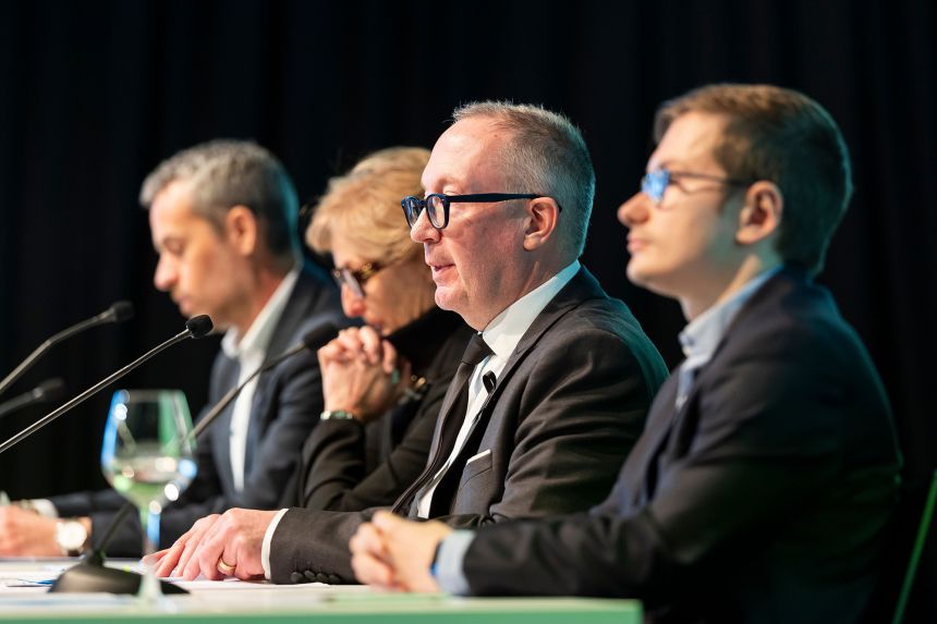 From left to right, Francois Berclaz, Municipal Councillor of Crans-Montana, Nicole Bonvin Clivaz, Vice Mayor of Crans-Montana, Nicolas Feraud, Mayor of Crans-Montana, Patrick Clivaz, Municipal Councillor of Crans-Montana, speak at a press conference of the Crans-Montana Municipal Council.