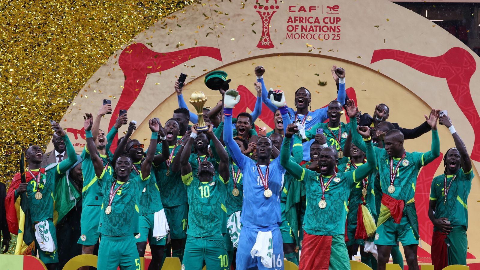 Sadio Mane lifts the trophy as Senegal celebrate winning the Africa Cup of Nations. Pic: Reuters