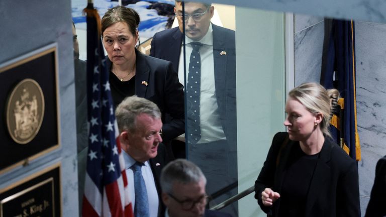 Greenland's foreign minister Vivian Motzfeldt and Danish foreign minister Lars Loekke Rasmussen meet senators on Capitol Hill. Pic: Reuters