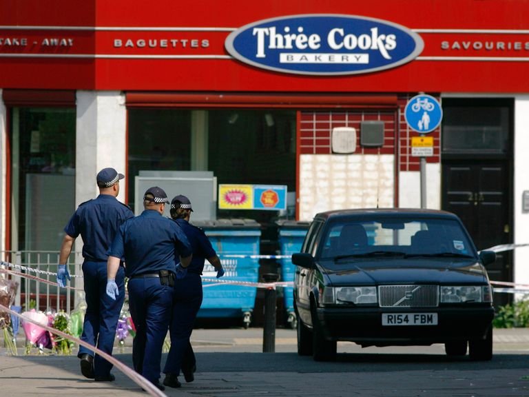 The crime scene at Three Cooks Bakery where teenager Jimmy Mizen was killed. Pic: Reuters