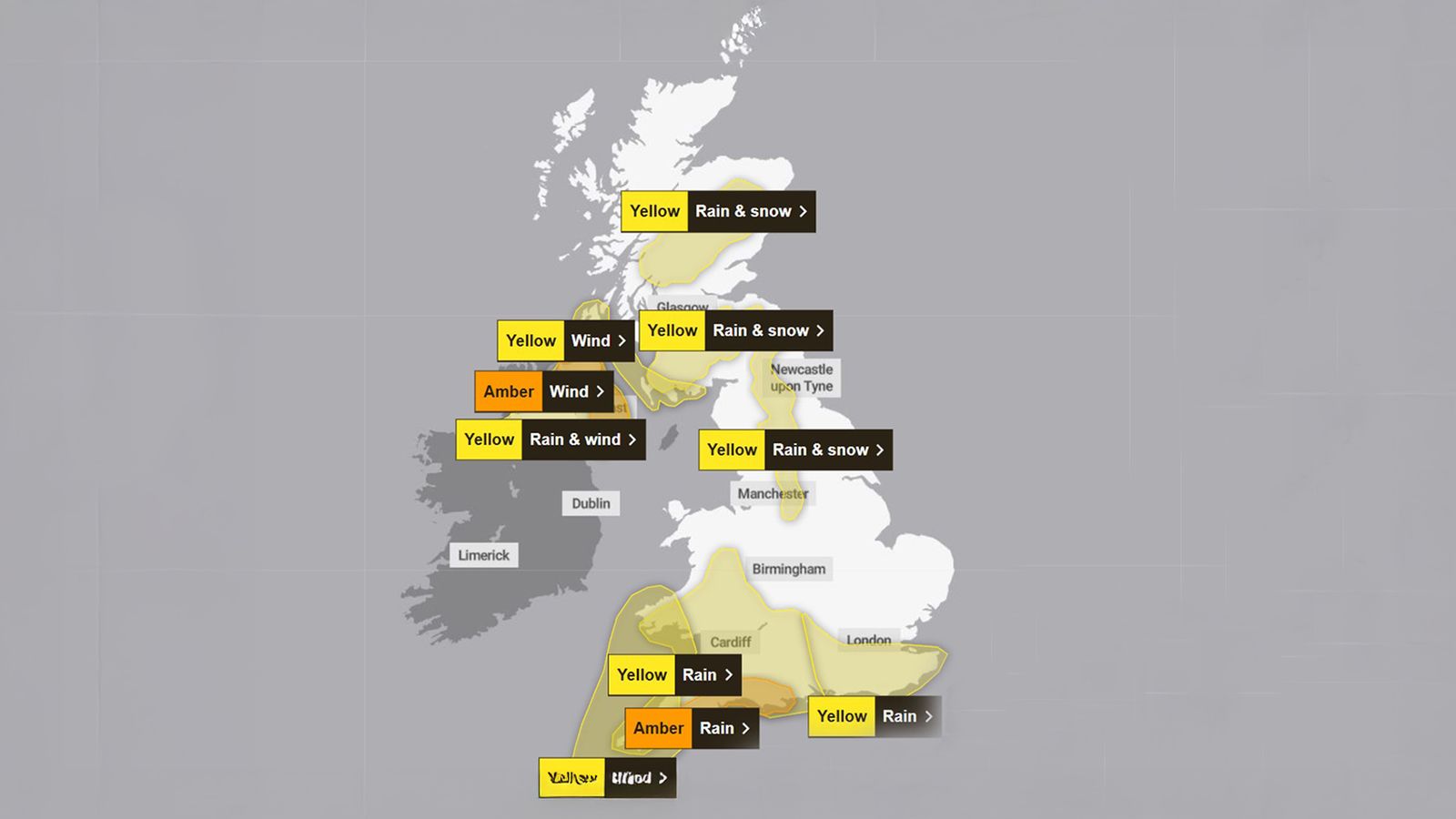 The weather warnings in place for Tuesday Pic: Met