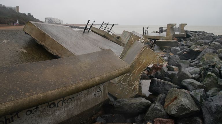 String waves damaged a sea wall in Folkestone, Kent during Storm Goretti Pic: PA