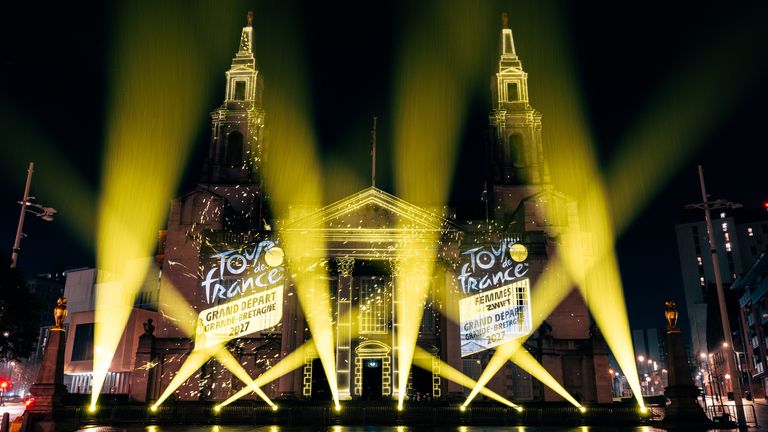 Leeds Civic Hall was lit up on Thursday evening. Pic: Tour de France Grand Depart 2027