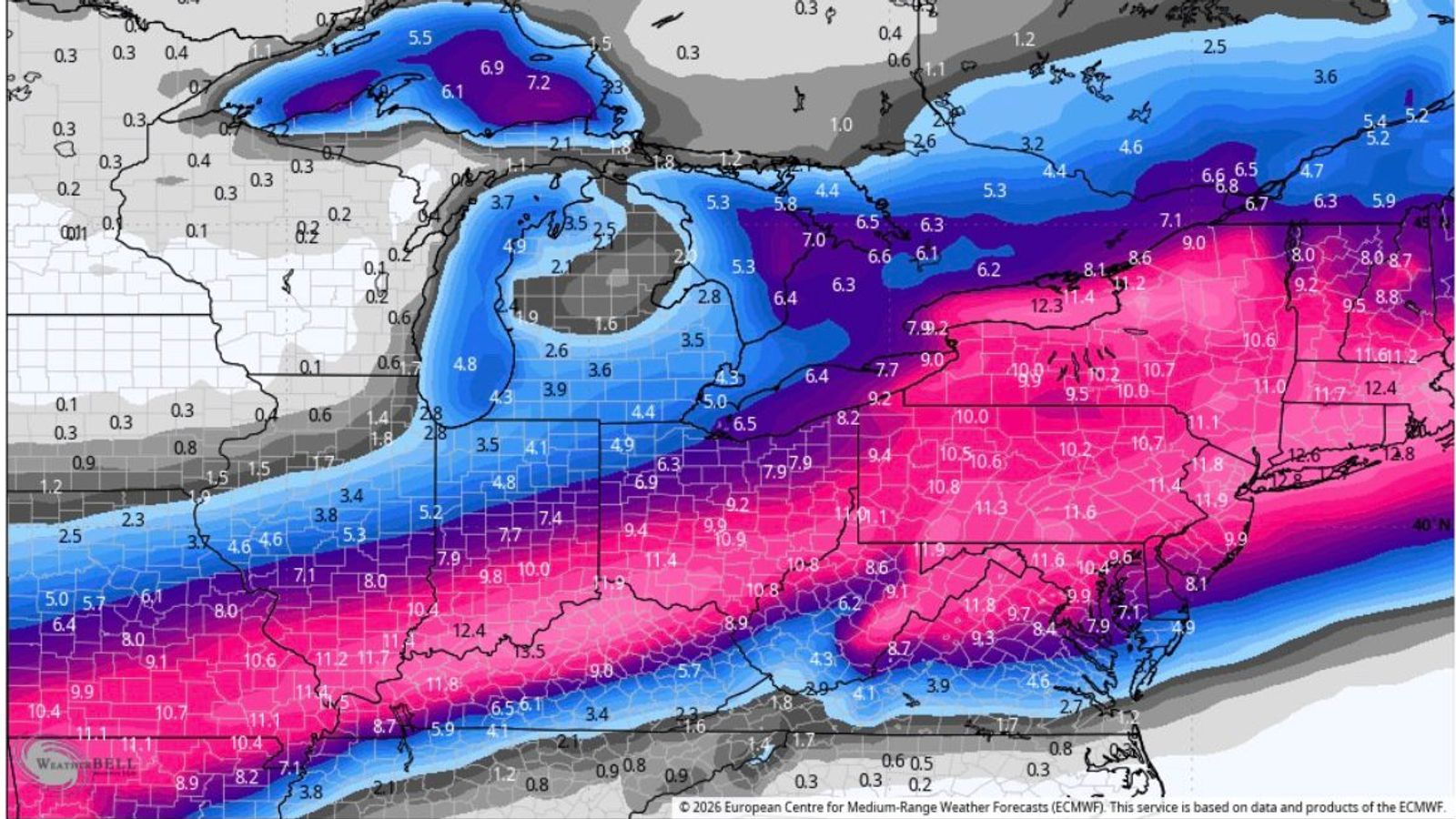 Projected snow (blue, purple and pink) and ice (shades of pink with dark red) accumulations. Pic: ECMWF