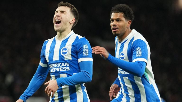 Brajan Gruda celebrates after giving Brighton an early lead at Old Trafford