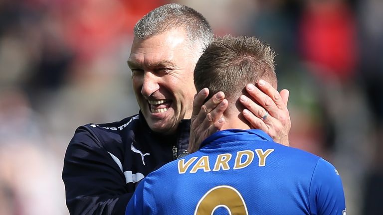 Nigel Pearson and Jamie Vardy celebrate after keeping Leicester City up at Sunderland in 2015