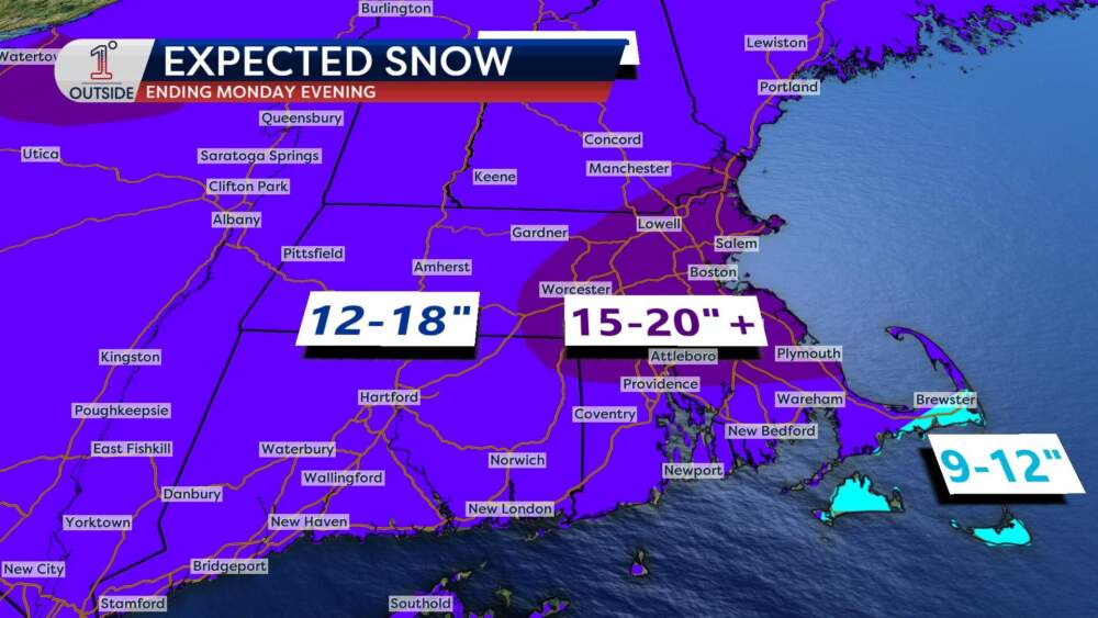 Expected snowfall for New England by Monday evening. (Danielle Noyes/1DegreeOutside)