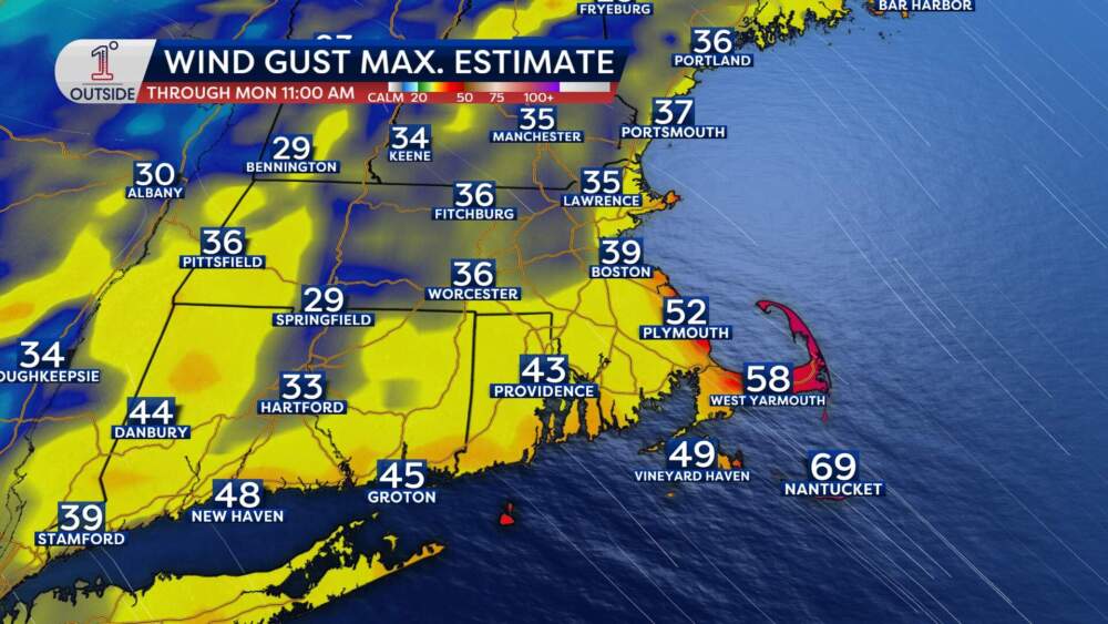 Estimated maximum wind gusts for the storm from Sunday into Monday. (Danielle Noyes/1DegreeOutside) 