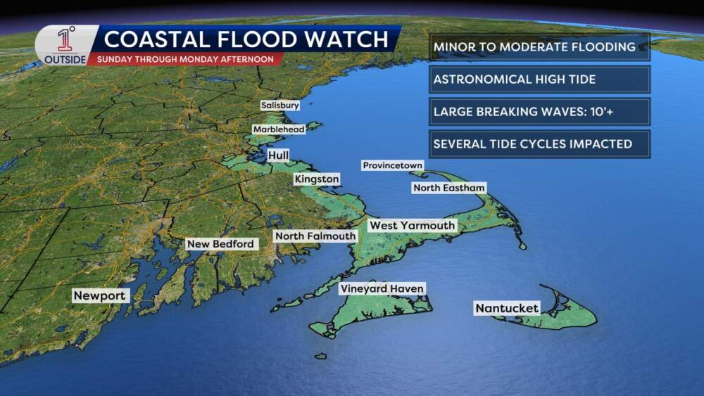The areas under coastal flood watch beginning Sunday, Jan. 30, 2026. (Danielle Noyes/1DegreeOutside) 