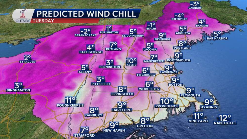 Predicted wind chill for Tuesday. (Danielle Noyes/1DegreeOutside)
