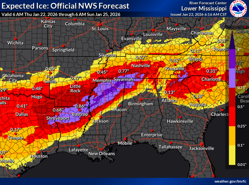 Ice forecast for the South through early Sunday morning. Ice amounts of a quarter inch or more can begin to cause tree and power line damage. Totals of half-inch or more cause even more destruction. Additional ice will accumulate beyond that time in the Southeast.