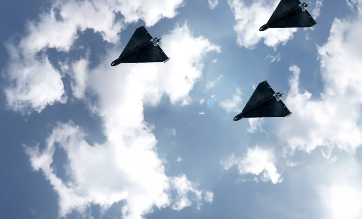 Three Black Kamikazes Combat Drone Sky. Shahed 131,136