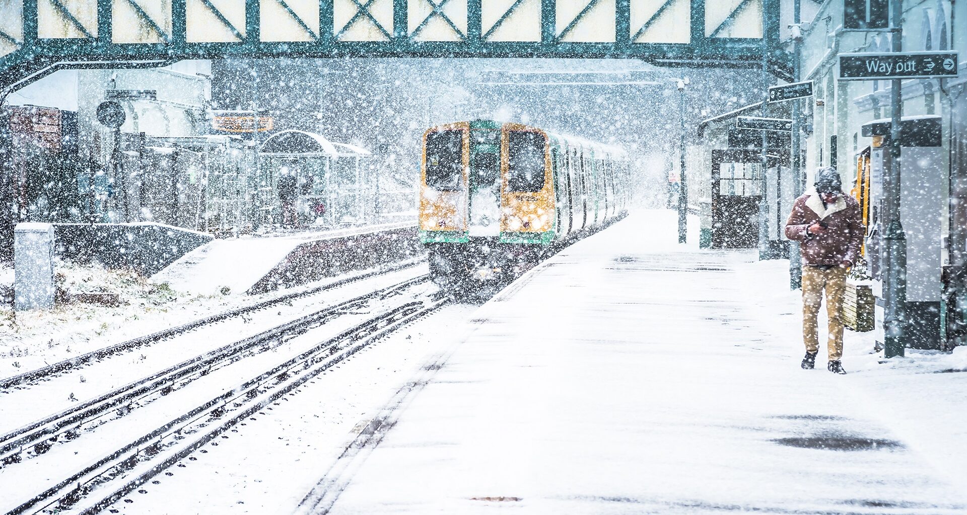 Train travelling in heavy snow