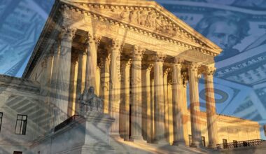 U.S. Supreme Court building with an overlay image of money.