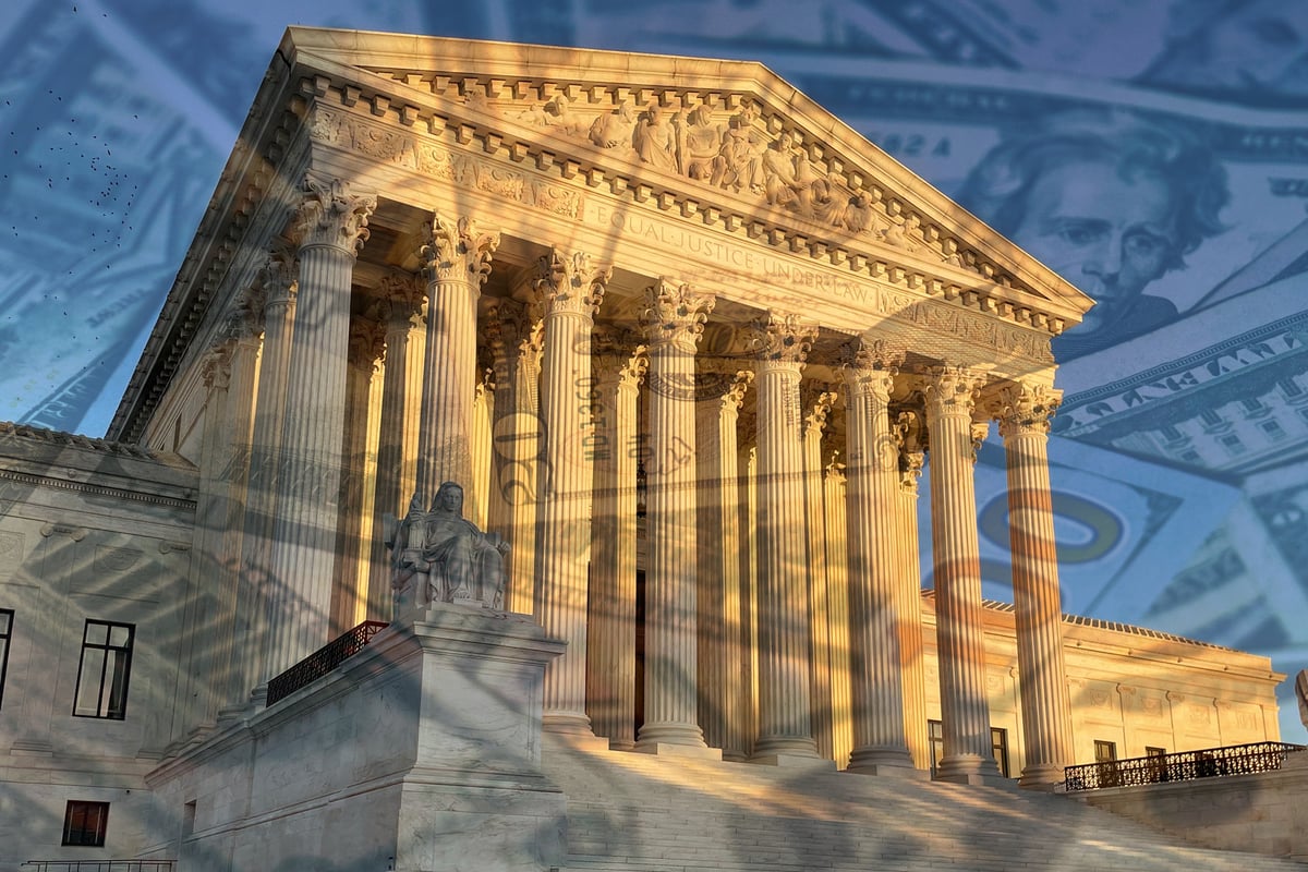 U.S. Supreme Court building with an overlay image of money.