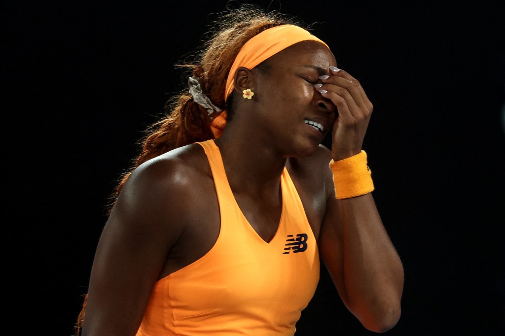 Coco Gauff reacts after a point during her women's singles quarter-final match at the Australian Open.