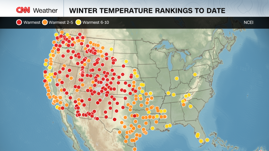 Locations across the American West are experiencing the warmest — or one of the warmest — winters on record. This image covers temperatures between December 1, 2025 and January 7, 2026.