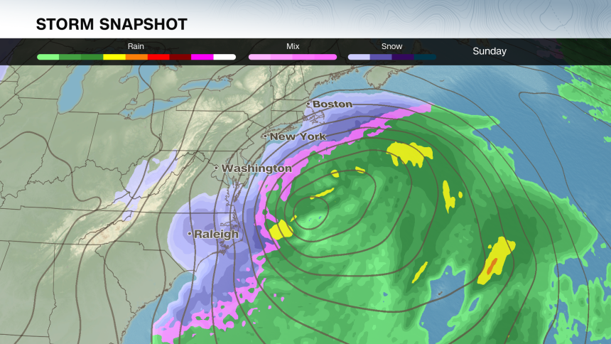 This is a single computer model run showing how the storm could look in scenario one with snow (purples) and wind impacting mostly coastal areas.