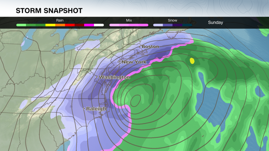 This a single computer model run showing how the storm could look in scenario two with extremely heavy snow and strong wind impacting much of the mid-Atlantic and Northeast.