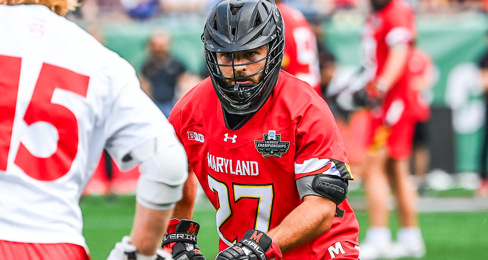 Maryland defenseman Will Schaller defends Cornell's CJ Kirst in the 2025 NCAA men's lacrosse championship at Gillette Stadium in Foxborough, Mass.