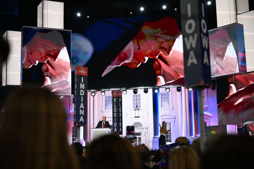 Trump speaks at the Republican National Convention at the Fiserv Forum in Milwaukee, Wisconsin, on July 18, 2024.