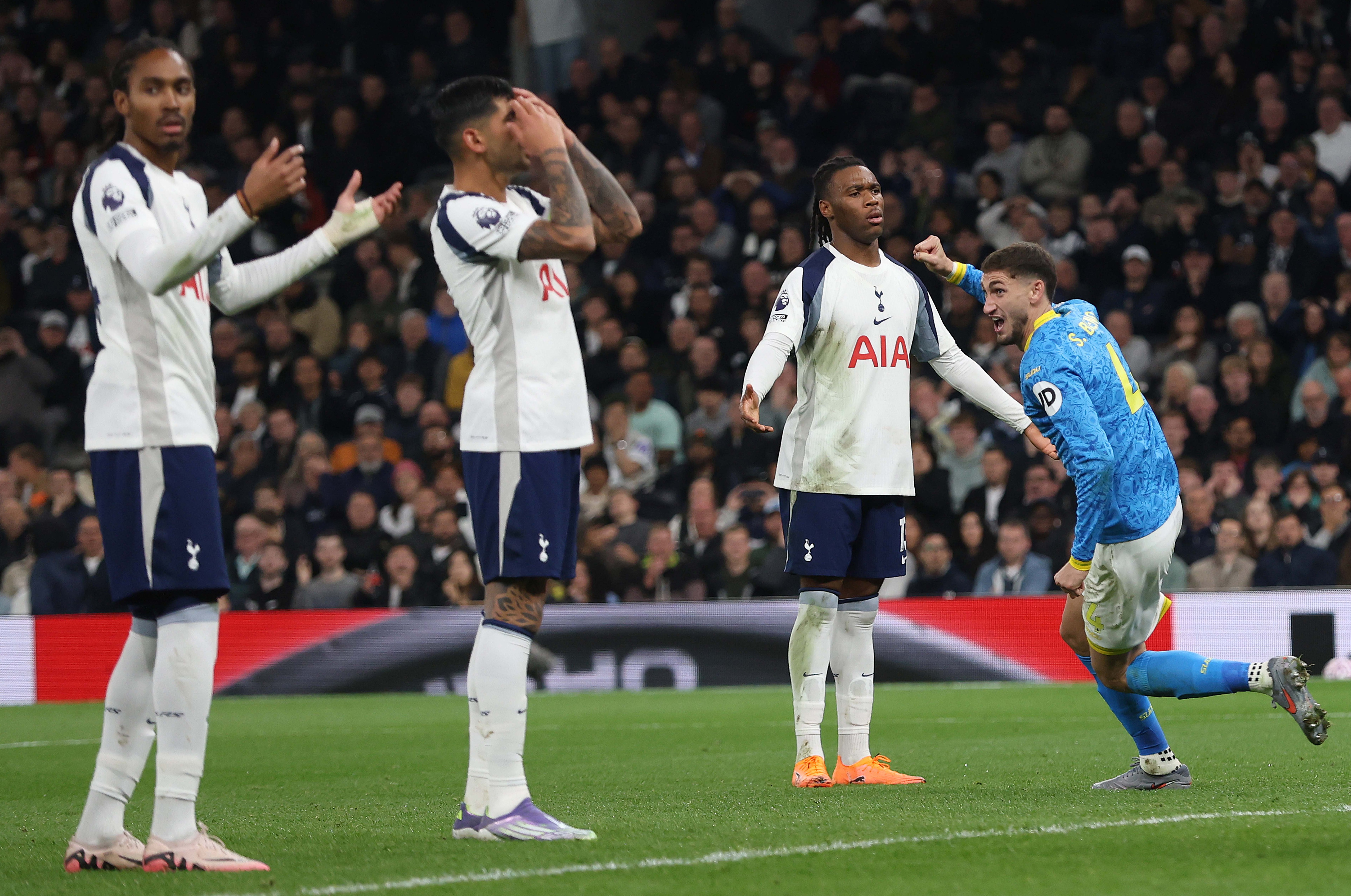 Santiago Bueno of Wolverhampton Wanderers celebrates after scoring a goal against Tottenham Hotspur.