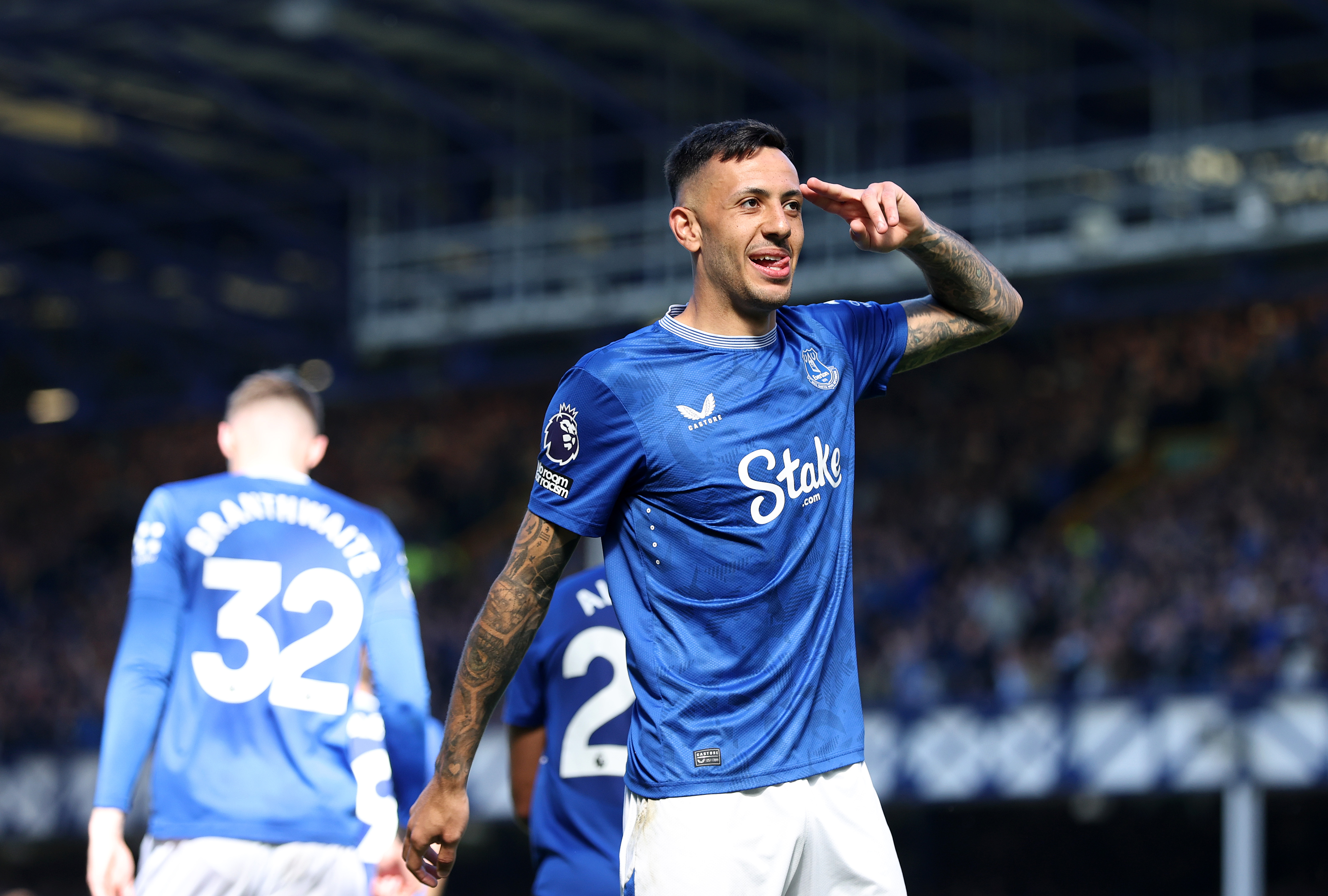 Dwight McNeil of Everton celebrates scoring a goal.