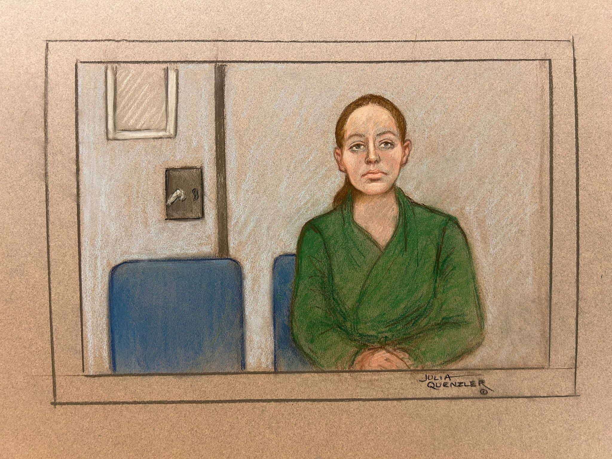 Illustration of Lucy Letby in a courtroom sketch.