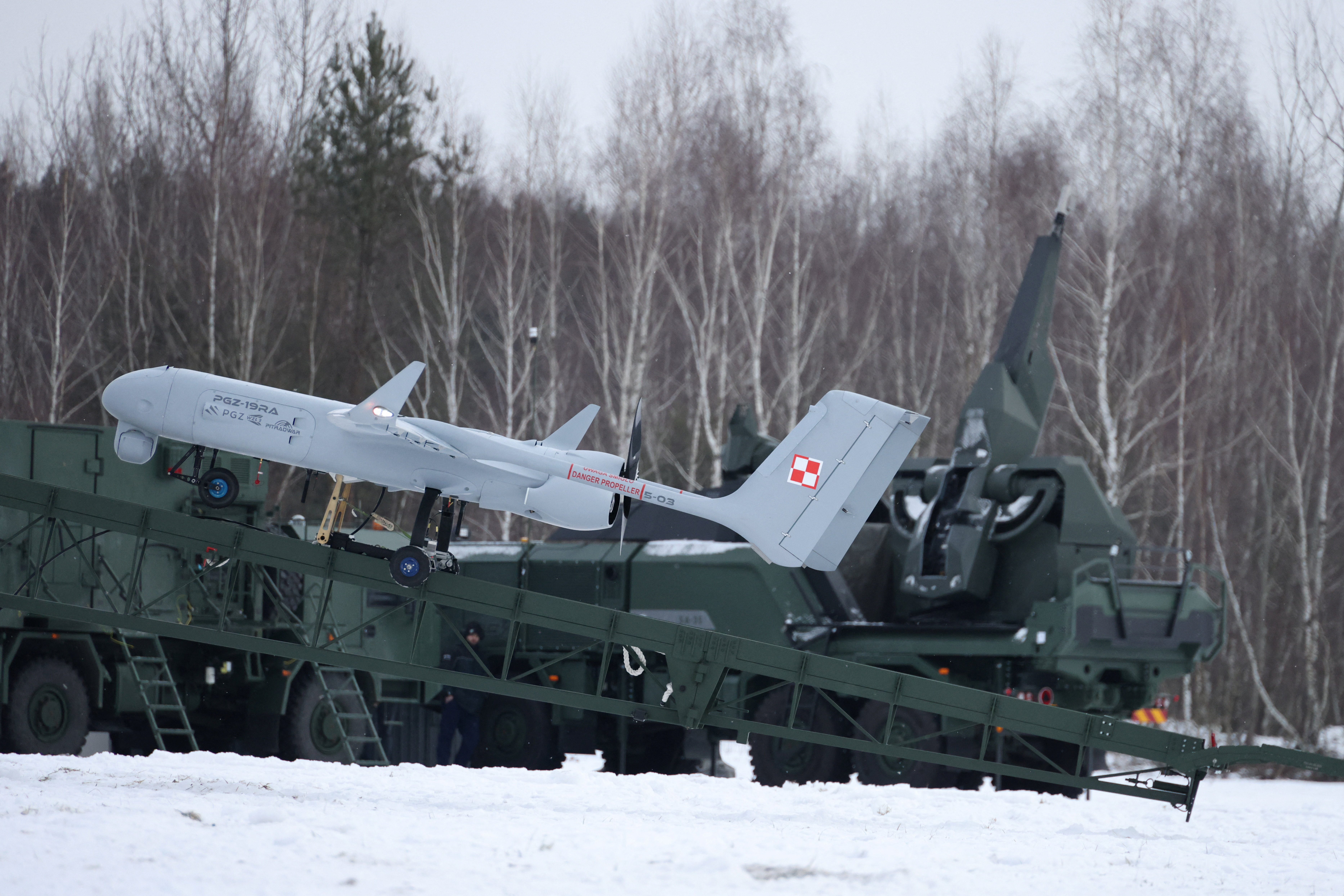 A Polish-made PGZ-19RA Orlik unmanned aerial vehicle on a launch ramp during an open test of unmanned weapon systems.