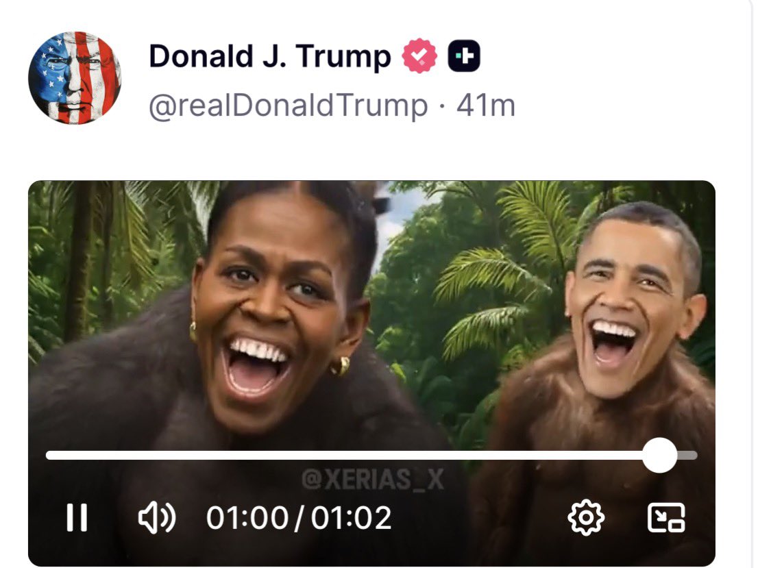 A screenshot of a video posted on Truth Social by Donald J. Trump, showing Barack and Michelle Obama's faces digitally altered onto ape-like bodies.