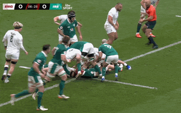 A rugby match with players from England and Ireland, with the scoreboard showing ENG 0 - 0 IRE at 06:28.