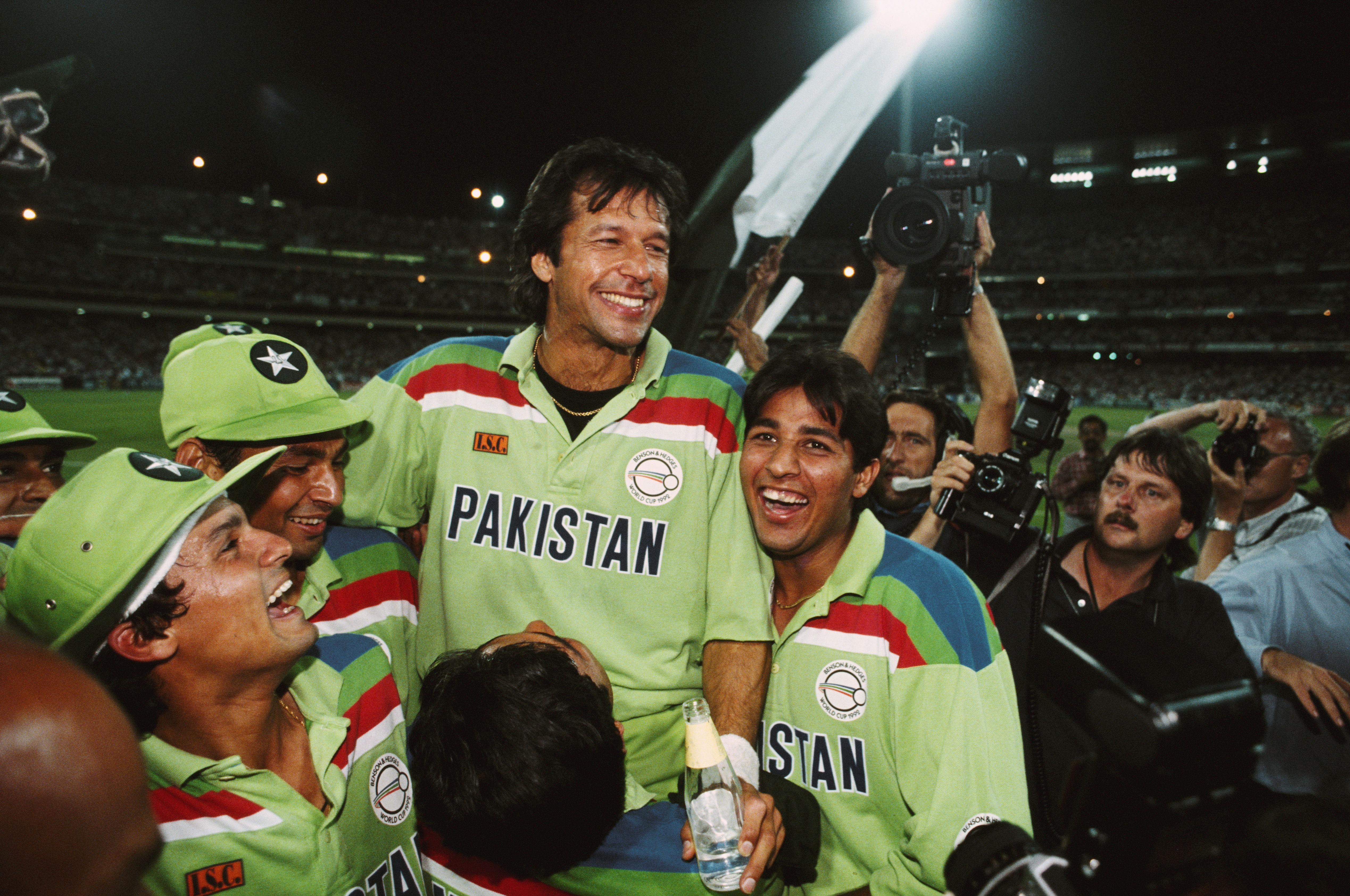Pakistan captain Imran Khan and teammates celebrate after the 1992 Cricket World Cup Final.
