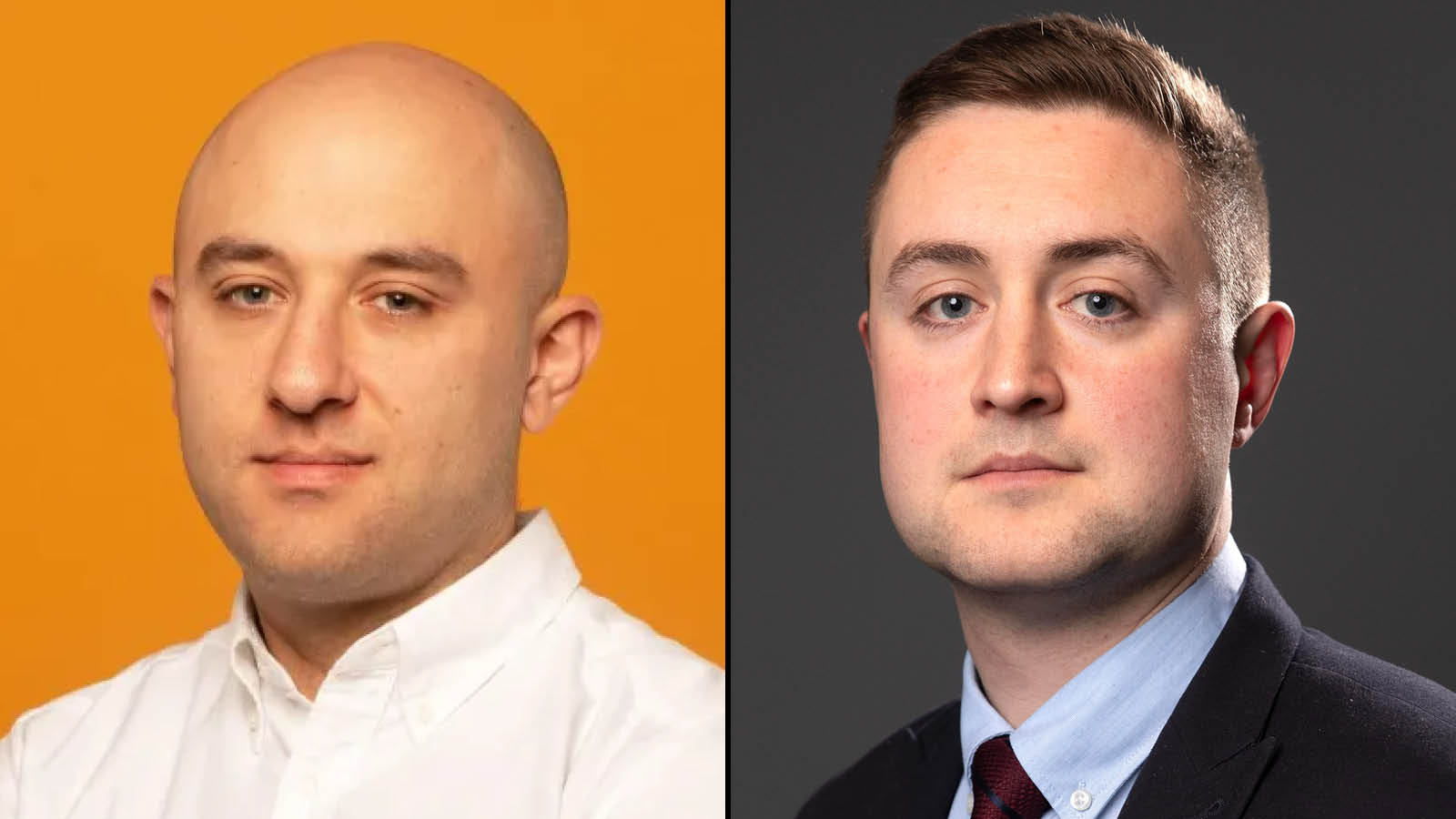 Collage of two headshots of the same man, one with a shaved head and the other with short brown hair.