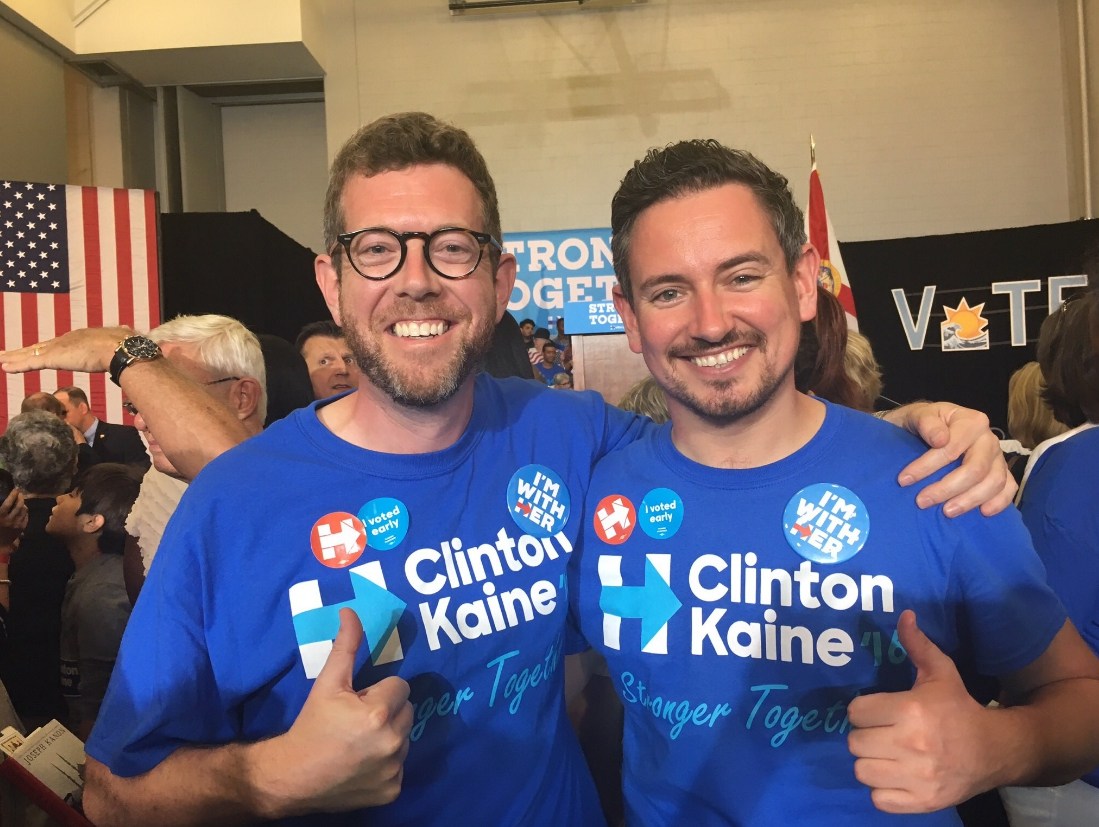 Sean Morton and another man wearing "Clinton Kaine '16" shirts.