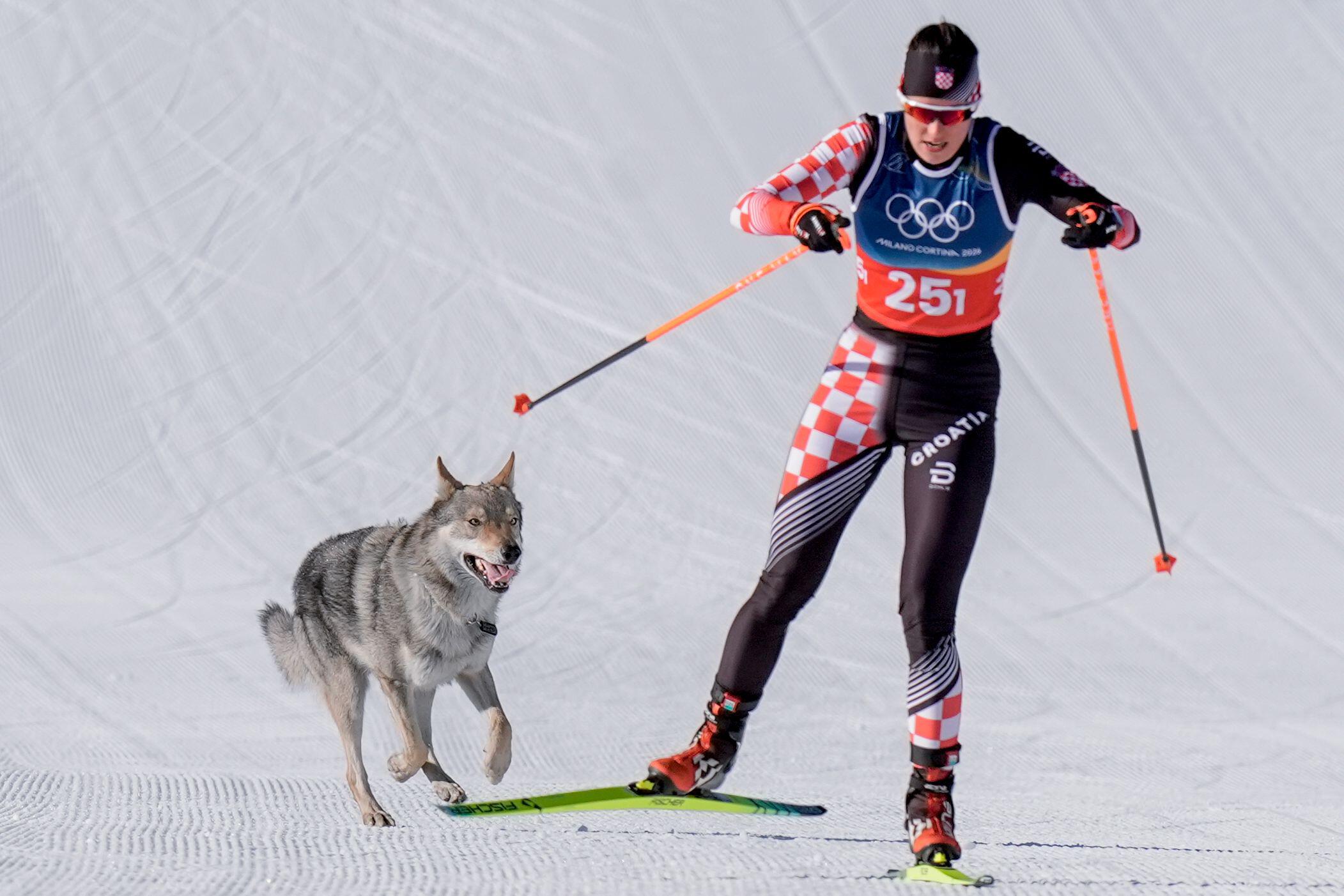 Tena Hadzic cross-country skiing with a dog during the Winter Olympics.