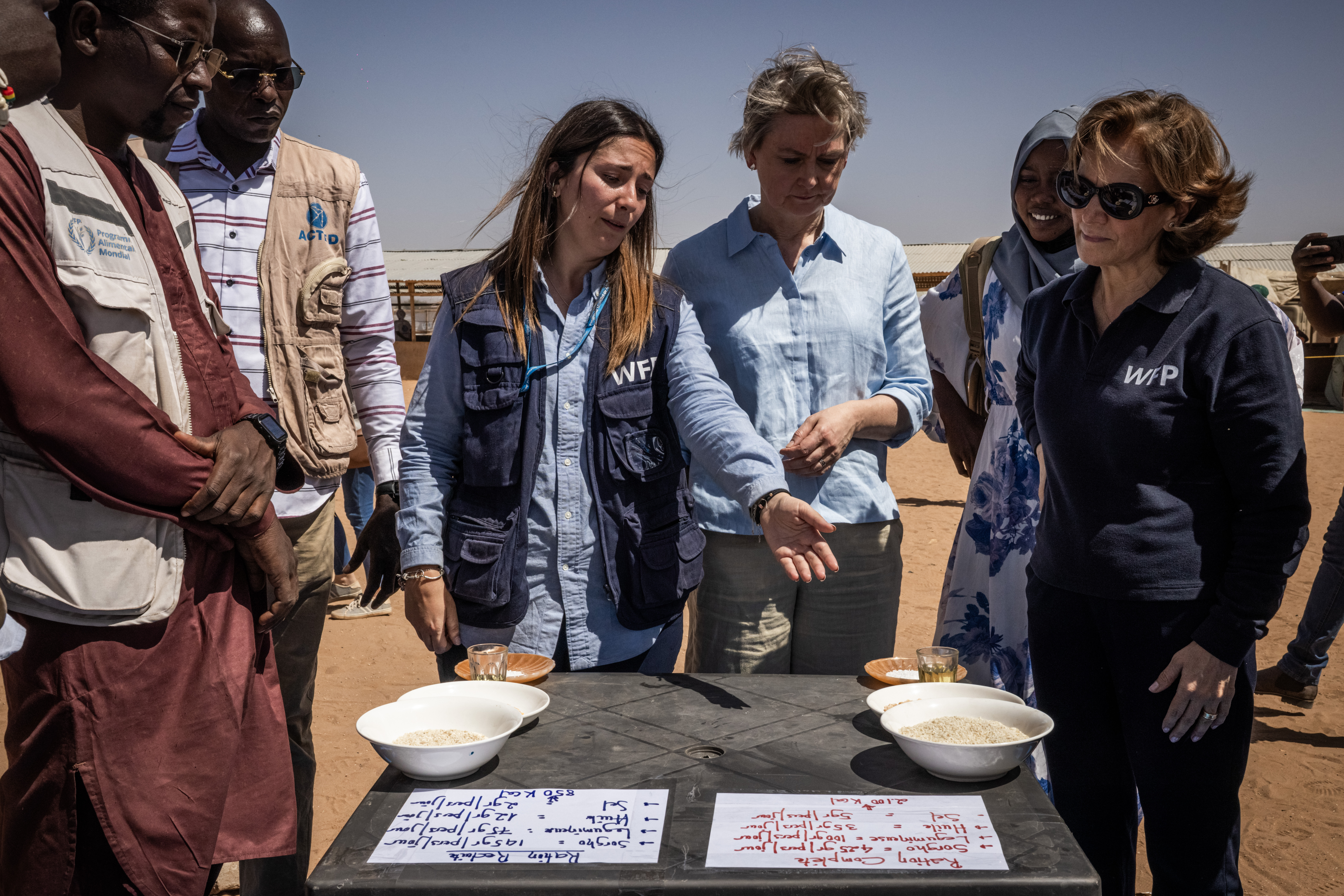 UK Foreign Secretary Yvette Cooper views severely reduced food rations for refugees in Adre, Chad.