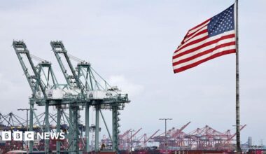 An American flag flies in front of shipping containers and cranes at the Port of Los Angeles on 26 September, 2025.