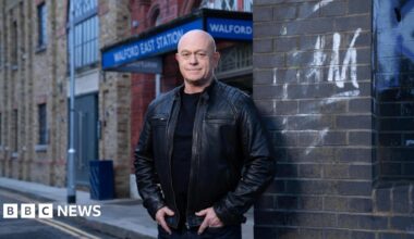Actor Ross Kemp stands outside Walford East Station
