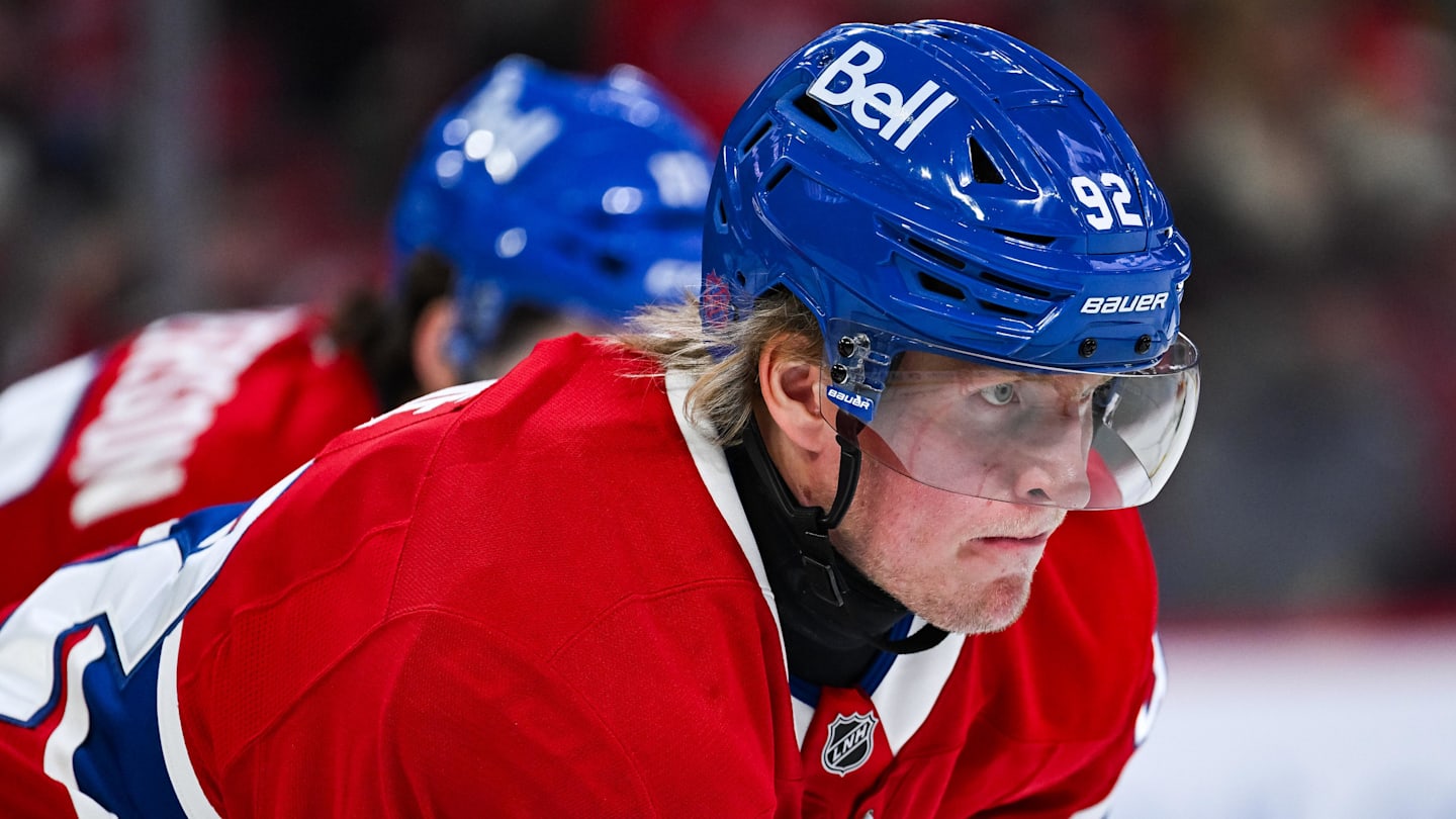 Oct 16, 2025; Montreal, Quebec, CAN; Montreal Canadiens right wing Patrik Laine (92) looks on against the Nashville Predators during the first period at Bell Centre. Mandatory Credit: David Kirouac-Imagn Images