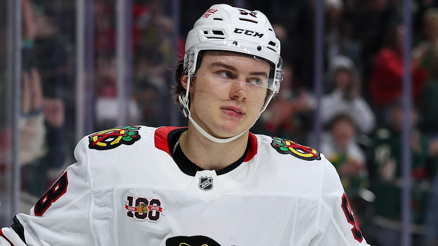 Jan 27, 2026; Saint Paul, Minnesota, USA; Chicago Blackhawks center Connor Bedard (98) reacts to his missed shootout shot against the Minnesota Wild at Grand Casino Arena. Mandatory Credit: Matt Krohn-Imagn Images