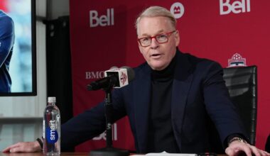 Jan 15, 2025; Toronto, Ontario, CAN; MLSE President and CEO Keith Pelley speaks to the media during the press conference at BMO Training Ground. Mandatory Credit: Nick Turchiaro-Imagn Images