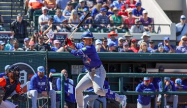 Feb 25, 2026; Lakeland, Florida, USA; Toronto Blue Jays third baseman Kazuma Okamoto (7) bats during the fourth inning against the Detroit Tigers at Publix Field at Joker Marchant Stadium. Mandatory Credit: Mike Watters-Imagn Images